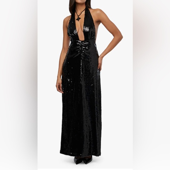 WeWoreWhat Women's Size 4 Black Halter Neck Sequin Crystals Maxi Dress Formal - Picture 1 of 12